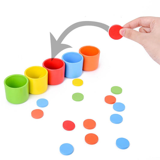 Color sorting game with cups and colored chips on a white background—Greater Toys Store