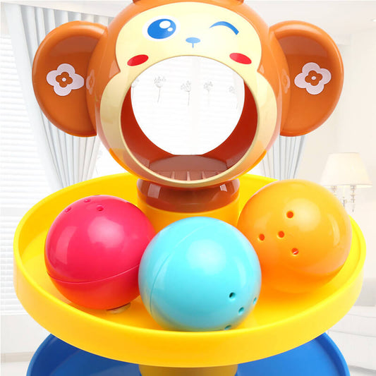 Colorful monkey-shaped tower toy with three balls on a yellow platform - Greater Toys Store