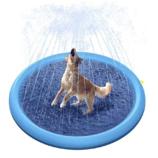 Dog playing on a blue sprinkler pad with water splashing around - Greater Toys Store