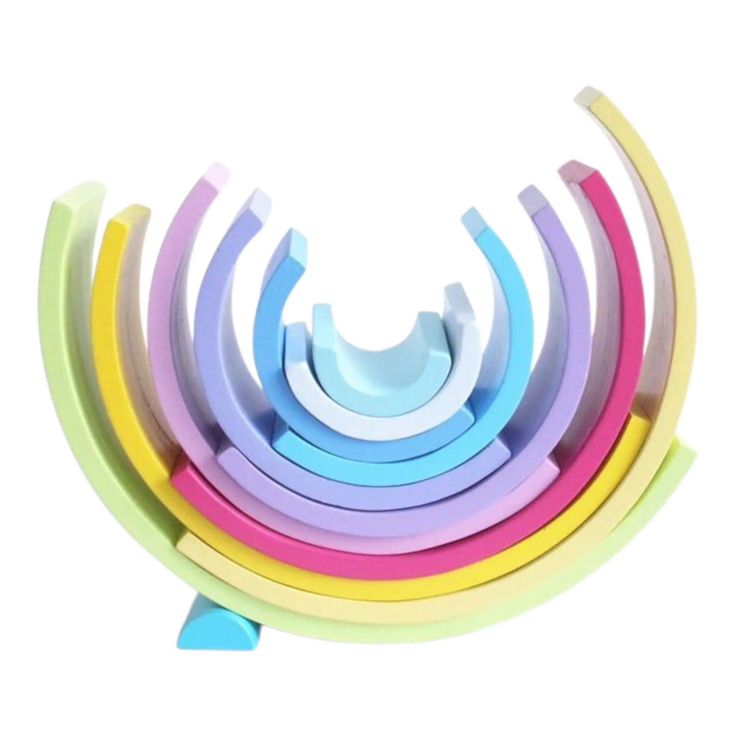 Set of colorful wooden rings stacked in a circular pattern on a white background—Greater Toys Store