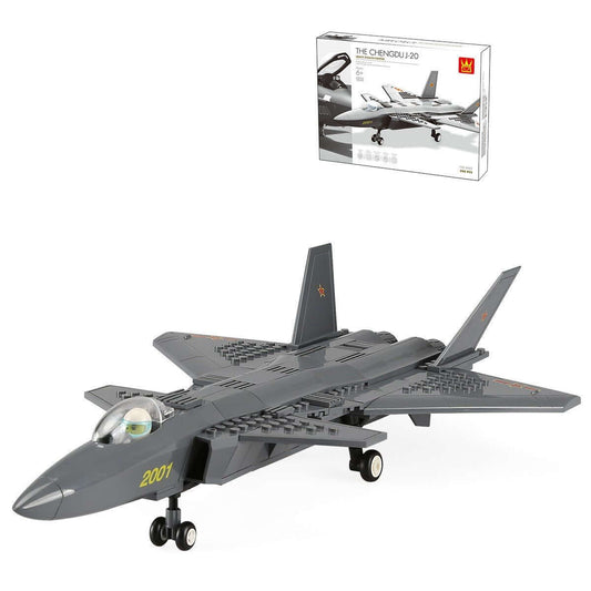 J-20 gray toy fighter jet with '2001' on the body, next to its packaging on a white background -Greater Toys Store