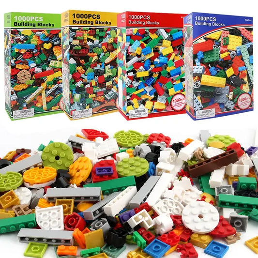 Assorted building blocks with packaging boxes labeled '1000 PCS Building Blocks' on a white background-Greater Toys Store