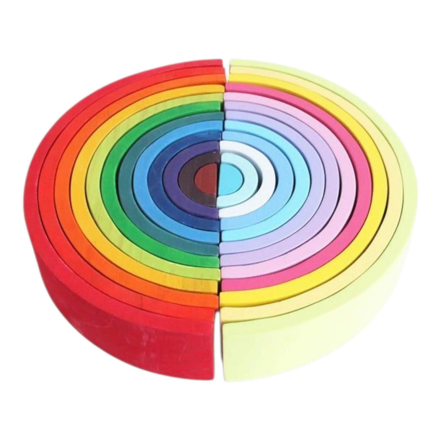 Set of colorful wooden rings arranged in a circular pattern on a white background—Greater Toys Store