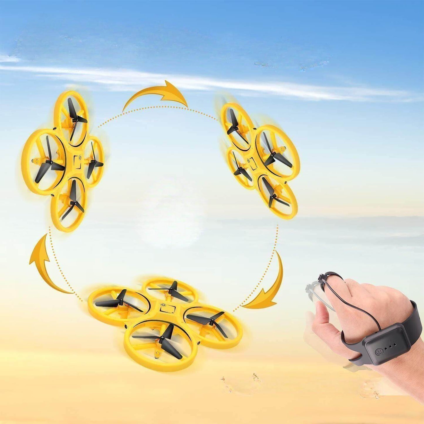 Yellow drone with four propellers and a hand holding a remote control - Greater Toys Store