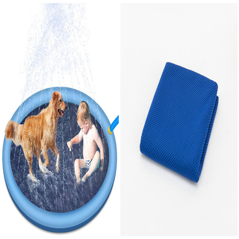 Blue splash pad with a dog and child playing and a blue towel on a white background - Greater Toys Store