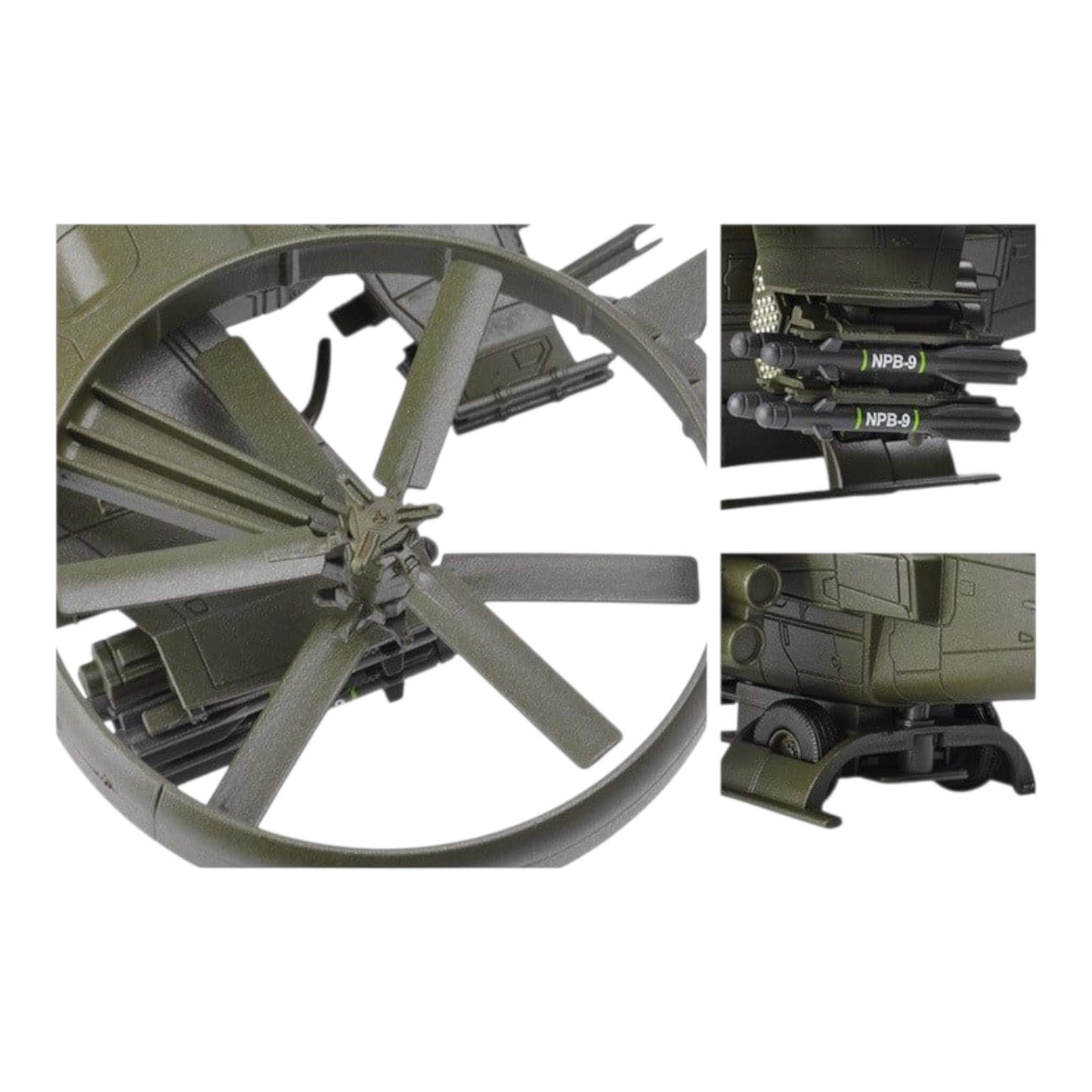 Close-up of a green mechanical component of helicopter with additional views of missiles and tire on a white background - Greater Toys Store
