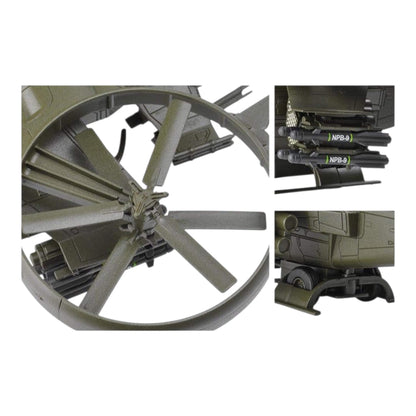 Close-up of a green mechanical component of helicopter with additional views of missiles and tire on a white background - Greater Toys Store