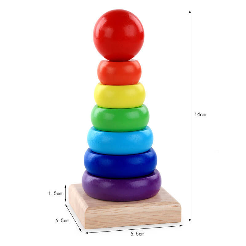 Colorful wooden stacking toy with dimensions on a white background—Greater Toys Store