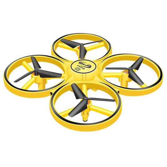 Yellow drone with black propellers on a white background