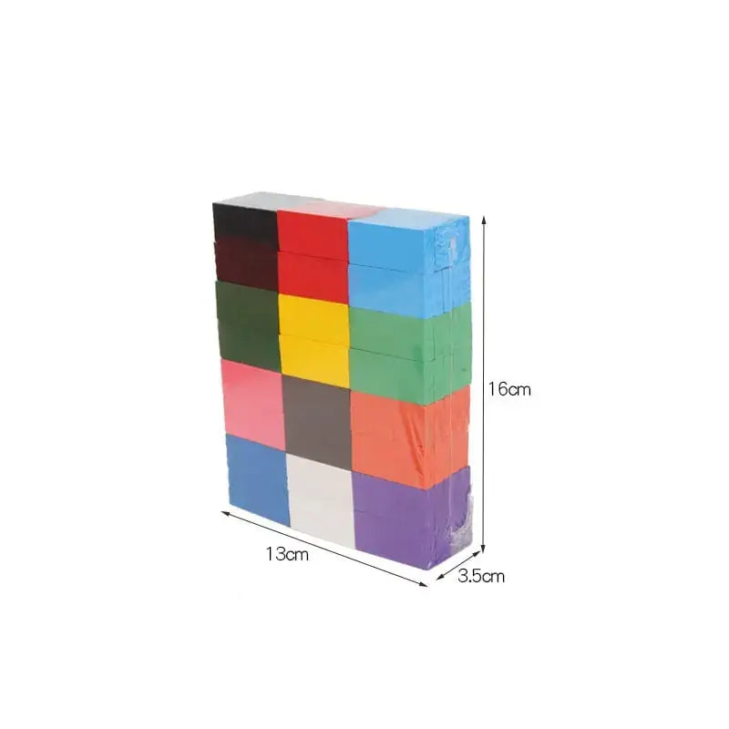 Stack of colorful dominos with dimensions on a white background—Greater Toys Store