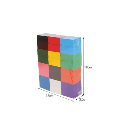 Stack of colorful dominos with dimensions on a white background—Greater Toys Store