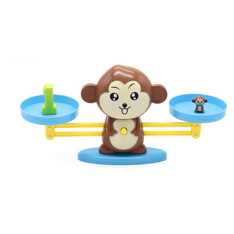 Toy monkey balance scale with blue platforms on a white background—Greater Toys Store