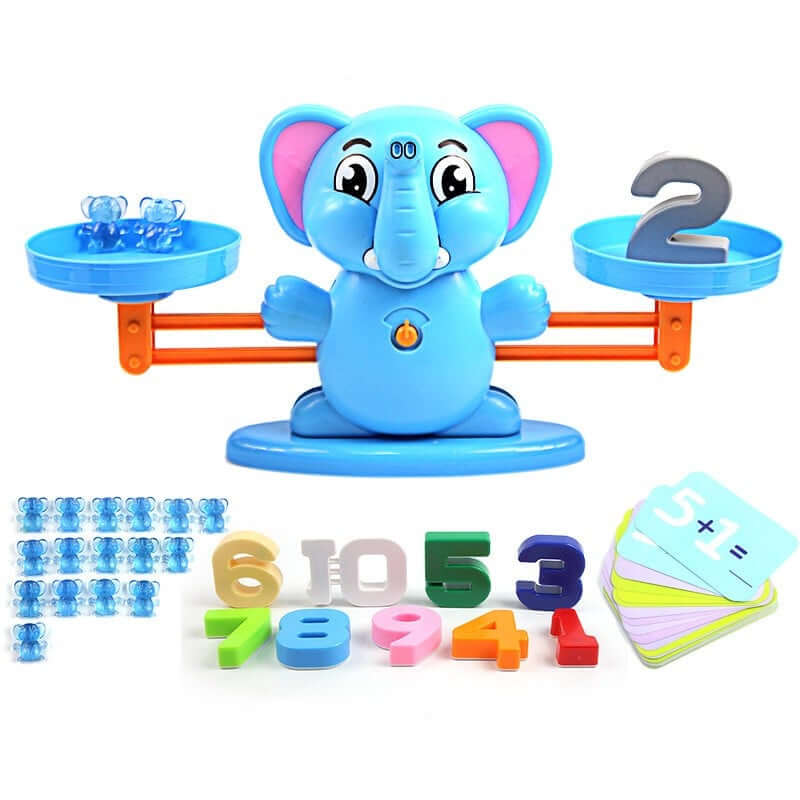 Educational toy with a blue elephant balance scale and number cards on a white background—Greater Toys Store