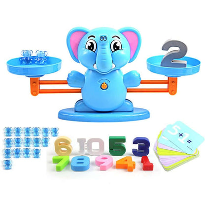 Educational toy with a blue elephant balance scale and number cards on a white background—Greater Toys Store