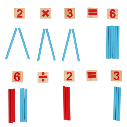 Mathematical equations with wooden blocks and colorful sticks on a white background - Greater Toys Store