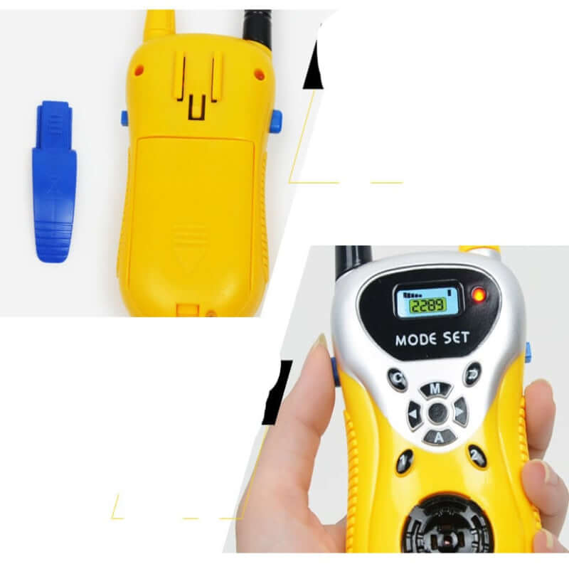 Yellow walkie talkie with digital display held by a hand, close-up of yellow walkie talkie on white background—Greater Toys Store
