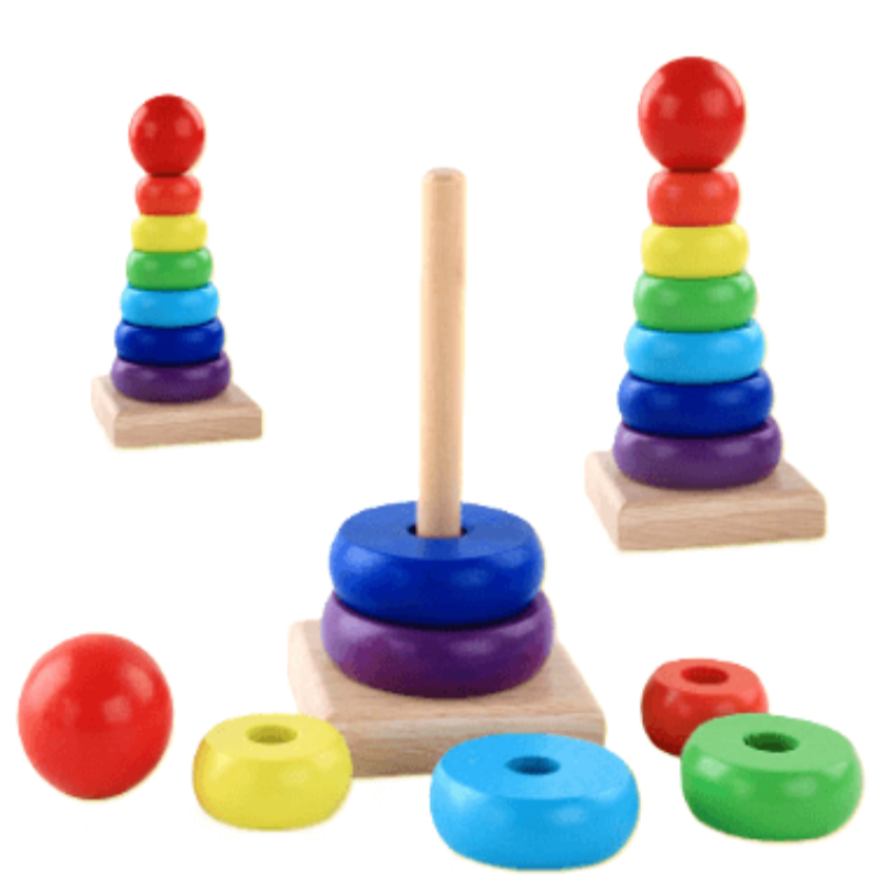 Colorful wooden stacking toy with various colored rings and balls on a white background—Greater Toys Store