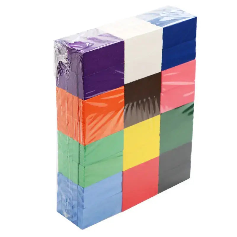Stack of colorful building dominos blocks with a clear plastic wrap on a white background—Greater Toys Store