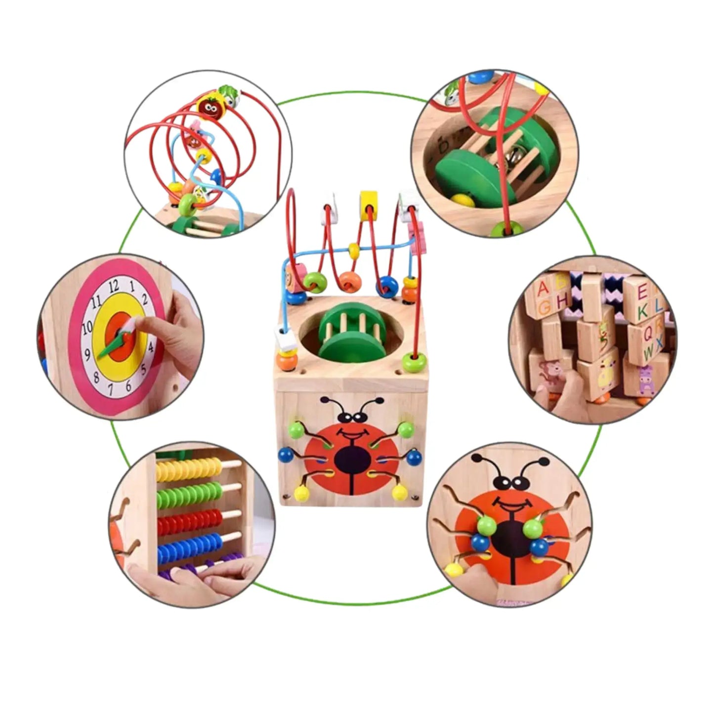 Multifunctional wooden toy with various educational components on a white background-Greater Toys Store