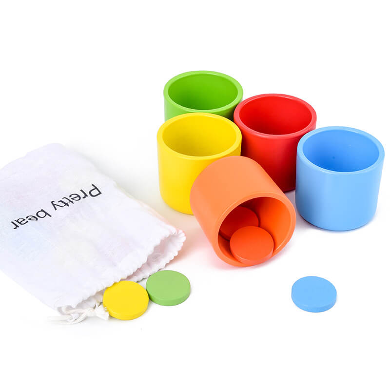 Set of colorful wooden cups with a drawstring bag on a white background—Greater Toys Store