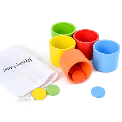 Set of colorful wooden cups with a drawstring bag on a white background—Greater Toys Store