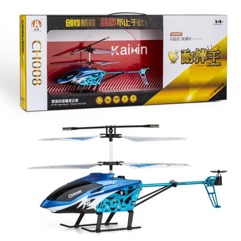 Blue and black toy helicopter with on a white RC-Helicopter-Toy-Box-Packaging - Greater Toys Store