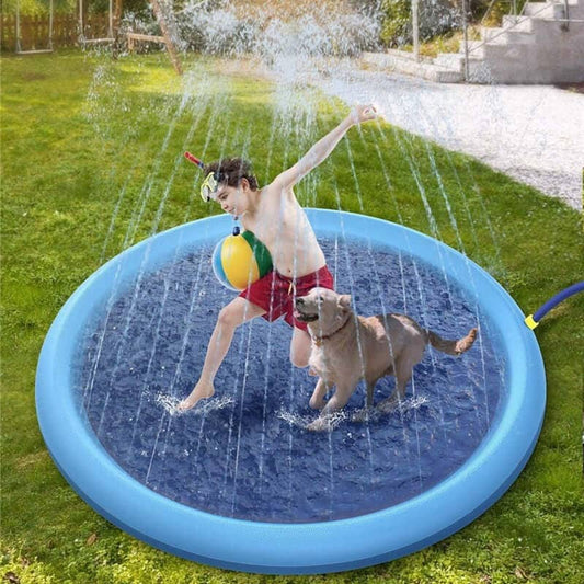 Child playing with a dog in an inflatable water play mat on a grassy area - Greater Toys Store