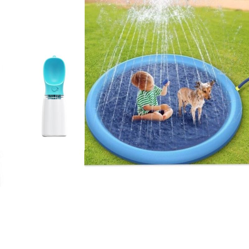 Child playing on a blue inflatable sprinkler pad with a dog, surrounded by grass - Greater Toys Store
