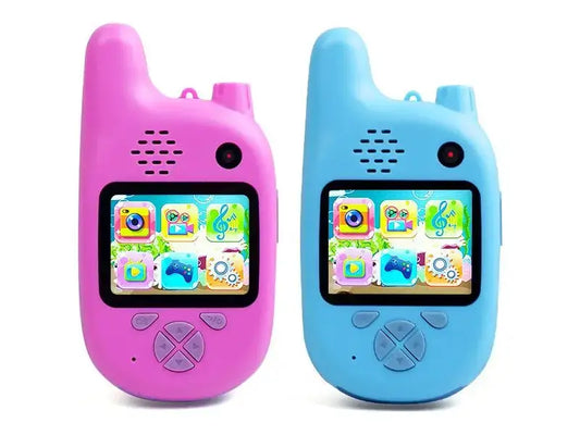 Two toy walkie-talkies, one pink and one blue, with screens displaying colorful icons on a white background—Greater Toys Store