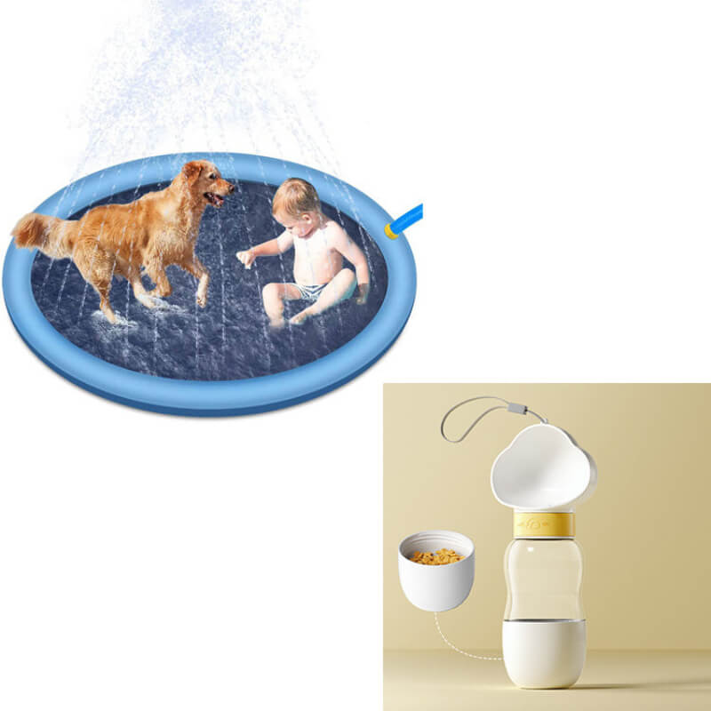 Blue inflatable pool with a dog and child, and a white feeder on a beige background - Greater Toys Store