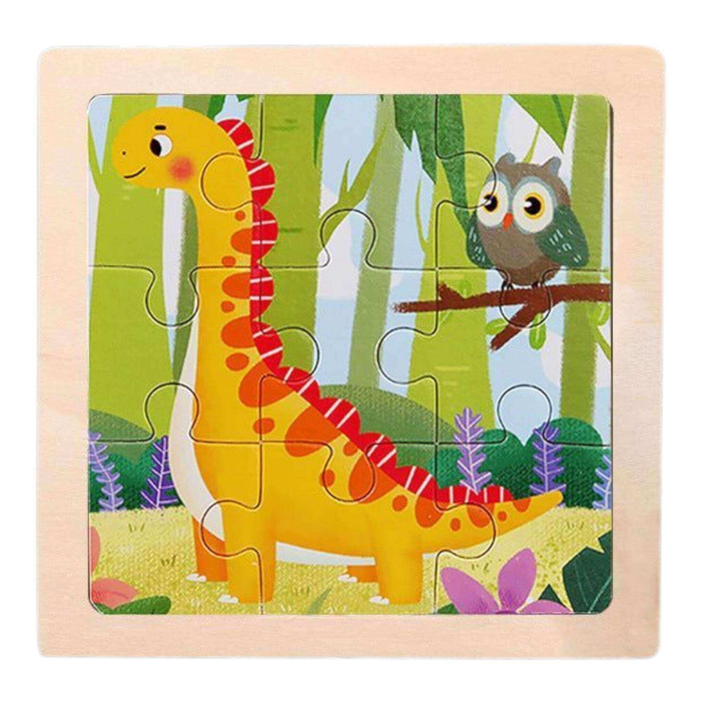 Children's puzzle with a dinosaur and owl design on a wooden frame-Greater Toys Store
