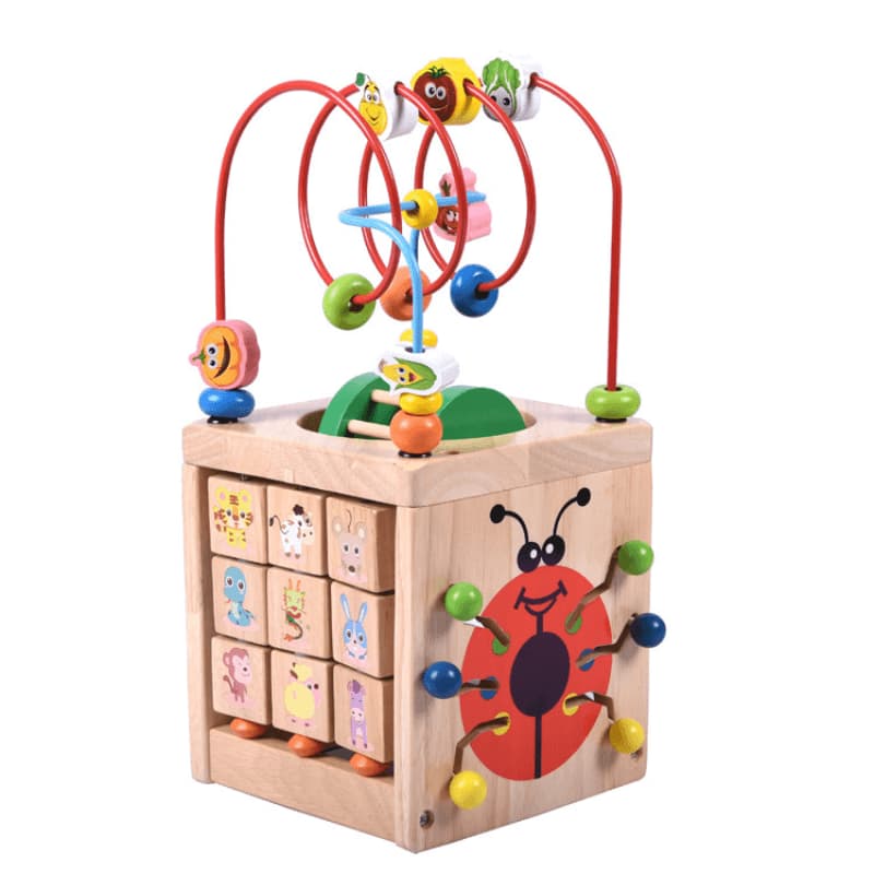 Wooden activity center children's toy with colorful beads and moving parts on a white background-Greater Toys Store