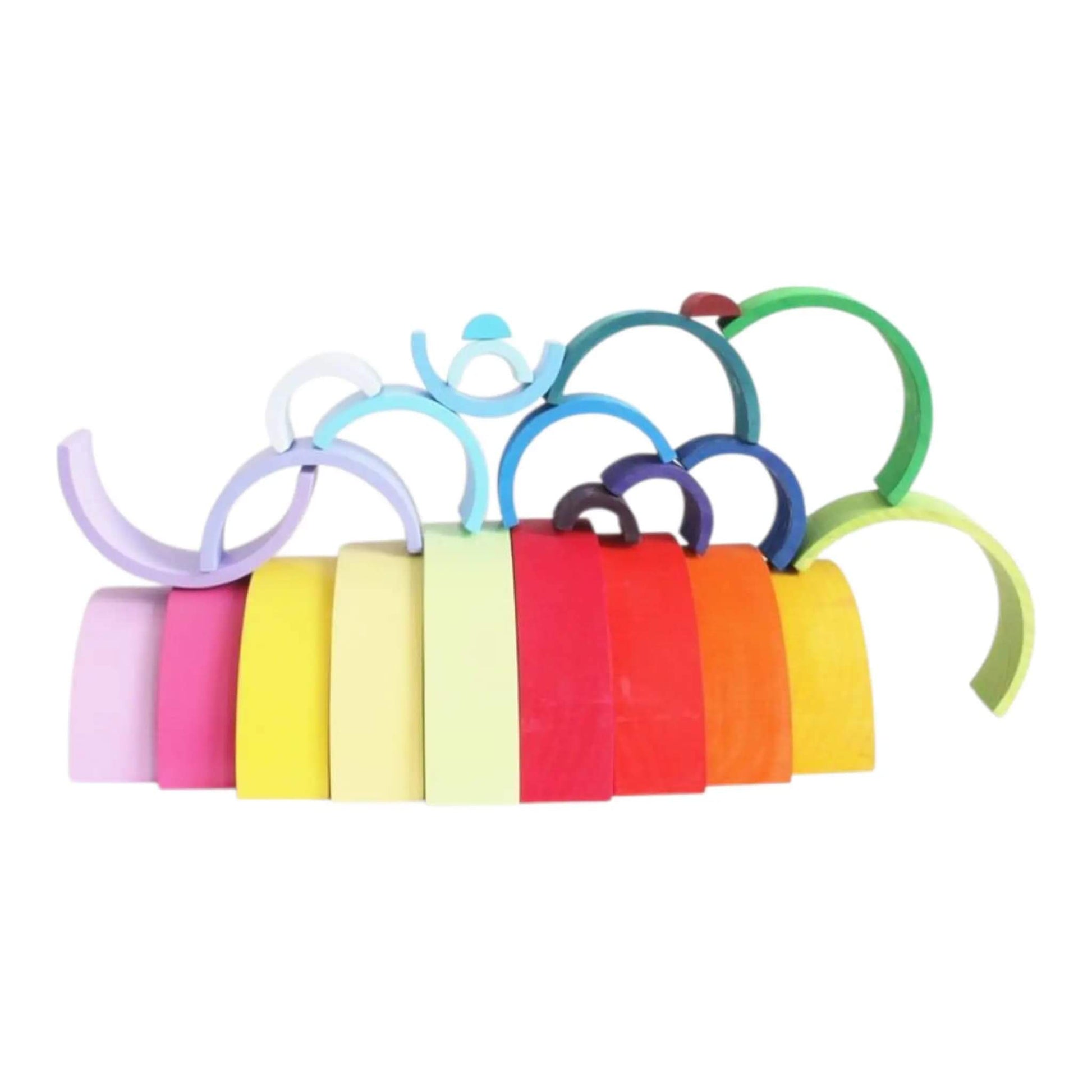 Set of colorful stacking rings in a rainbow pattern on a white background—Greater Toys Store